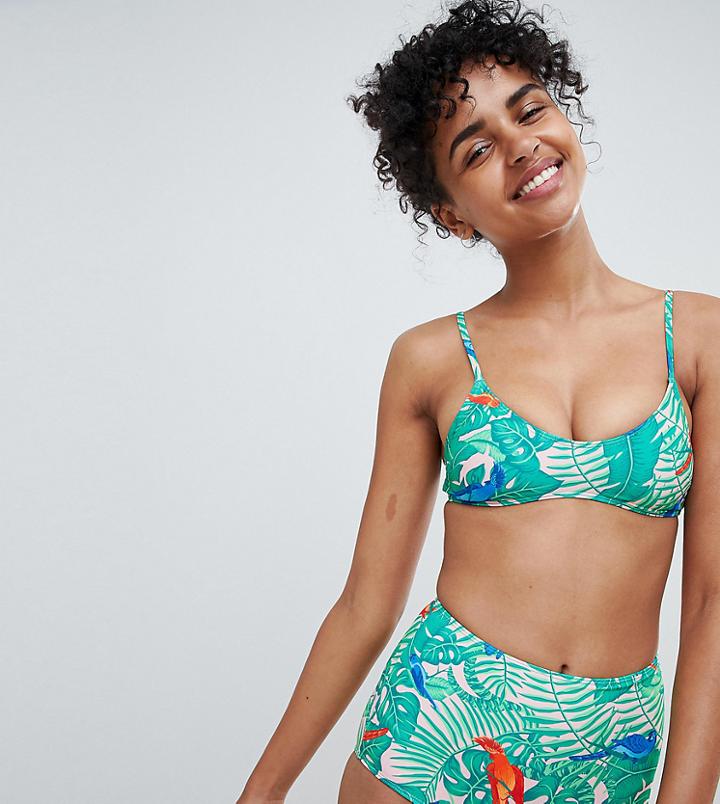 Monki Tropical Bird Print Bikini Top In Tropical Print