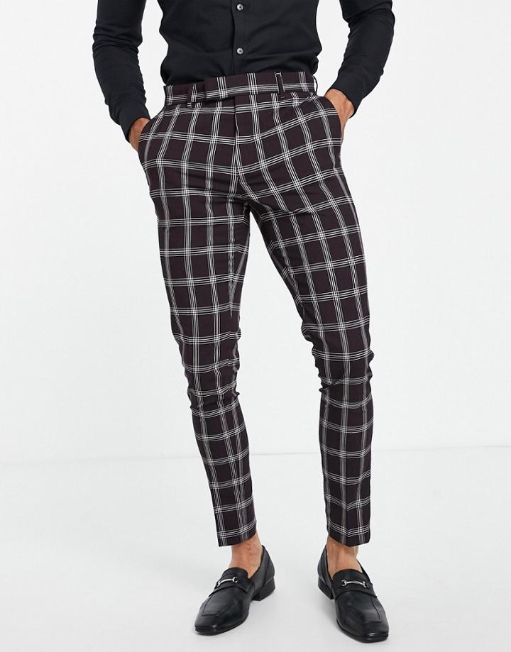 Asos Design Skinny Suit Pants With Window Check In Burgundy-red