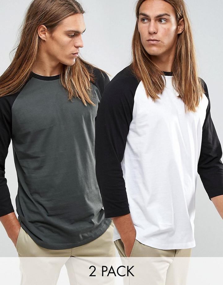 Asos 2 Pack Relaxed Fit Raglan Long Sleeve T-shirt With Curved Hem - Multi