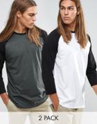 Asos 2 Pack Relaxed Fit Raglan Long Sleeve T-shirt With Curved Hem - Multi