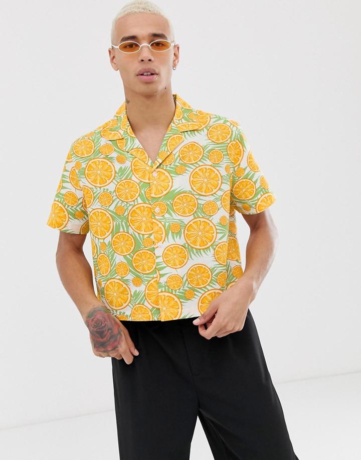 Asos Design Extreme Cropped Revere Shirt With Linen Orange Print