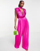 Asos Luxe Satin Jumpsuit With Shoulder Pads And Cowl Neck In Pink-purple