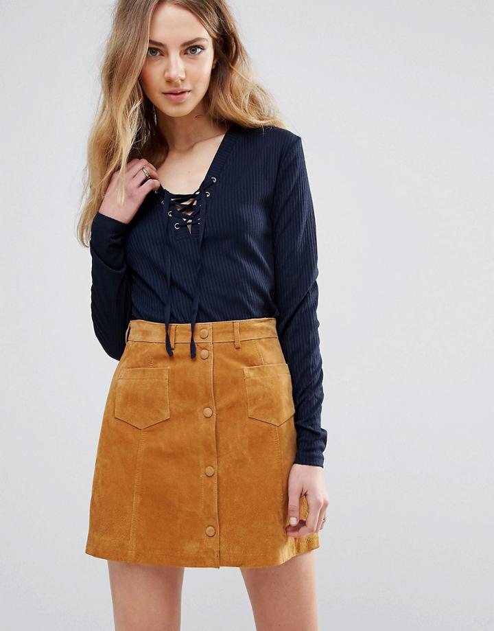 Ichi Lace Up Long Sleeve Top - Navy