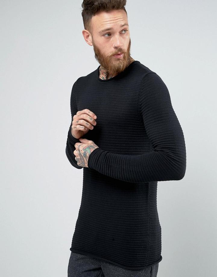 Selected Homme Melange Ribbed Knitted Sweater - Black