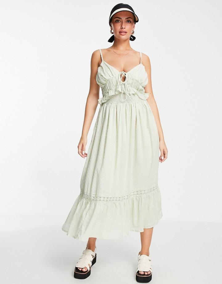 Asos Design Textured Midi Sundress With Shirred Waist And Lace In Sage Green