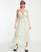 Asos Design Textured Midi Sundress With Shirred Waist And Lace In Sage Green
