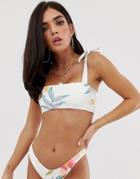 River Island Cami Bikini Top With Tie Straps In Floral Print-white
