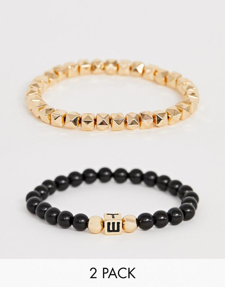 Wftw 2 Pack Beaded Bracelet In Black And Gold - Gold