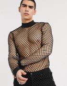 Asos Design Longline Long Sleeve T-shirt In Black Open Mesh