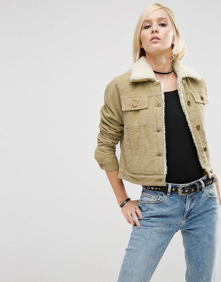 Asos Cord Cropped Jacket In Stone With Fleece Lining And Collar - Stone