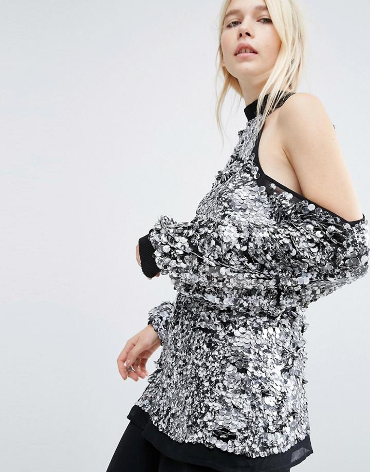 Asos White Speckled Sequin Tie Back Top With Open Shoulder - Black