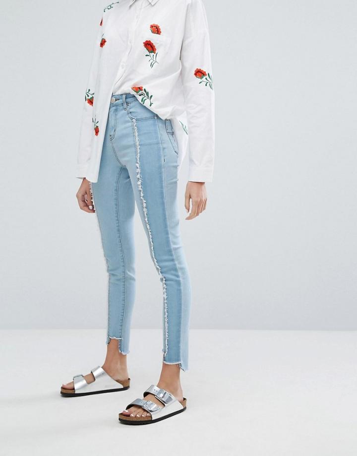 Neon Rose Reconstructed Skinny Jeans With Frayed Panels - Blue