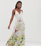 Asos Design Tall Cami Satin Trapeze Maxi Dress In Meadow Floral Print-multi