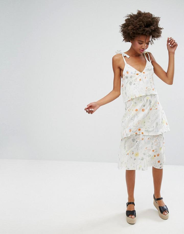 Monki Ditsy Floral Ruffle Layered Midi Dress - White