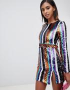 Club L High Neck Striped Sequin Mini Dress With Side Split-multi