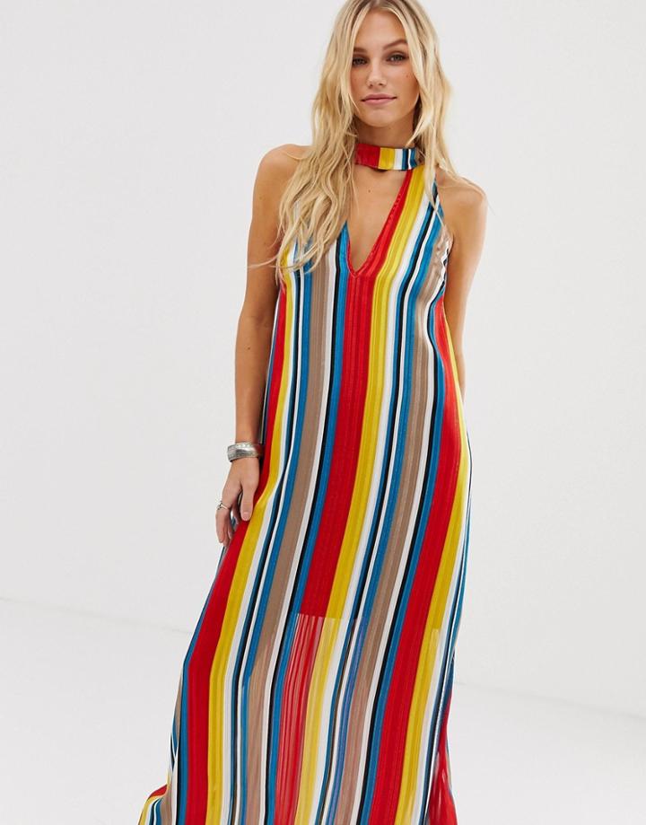 En Creme High Neck Maxi Dress In Rainbow Stripe With Cut Out Plunge Front-multi