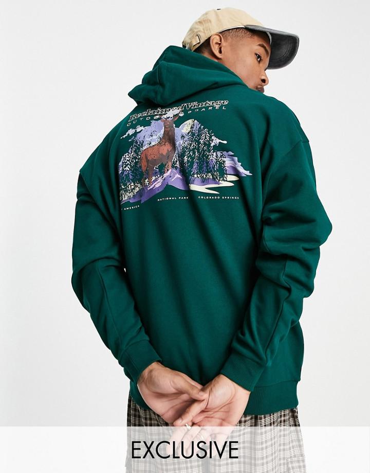 Reclaimed Vintage Inspired Hoodie With Back Print And Front Embroidery In Green