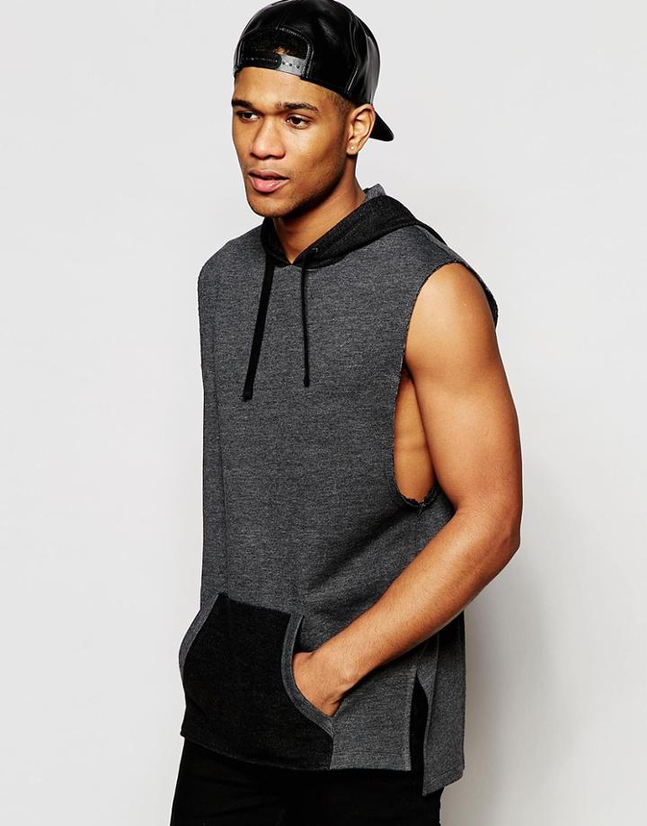 Asos Longline Sleeveless Hoodie With Drop Armhole - Charcoal Marl