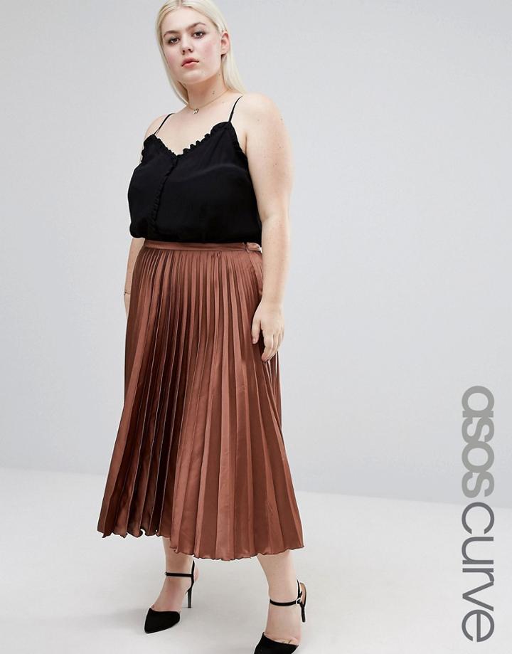 Asos Curve Midi Skirt In Pleated Satin - Brown