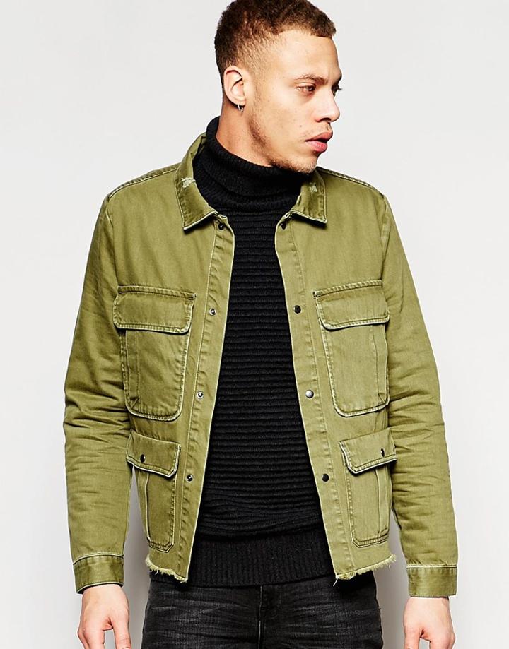 Asos Military Jacket With Frayed Hem In Khaki - Khaki