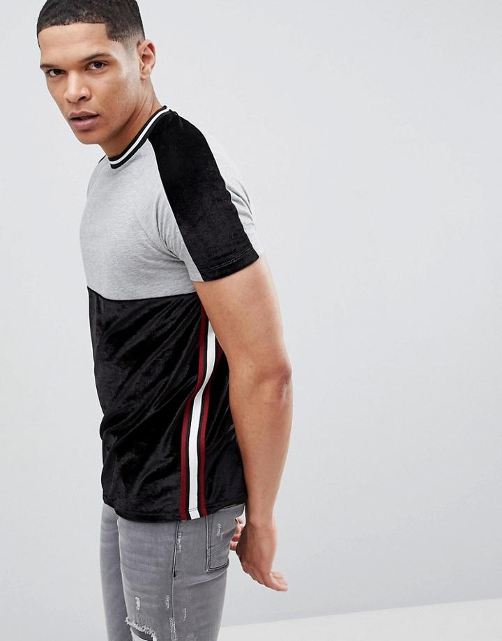Asos Design T-shirt With Colourblocking In Velour And Side Taping - Gray