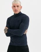 Siksilk Muscle Fit Knitted Roll Neck Sweater In Navy
