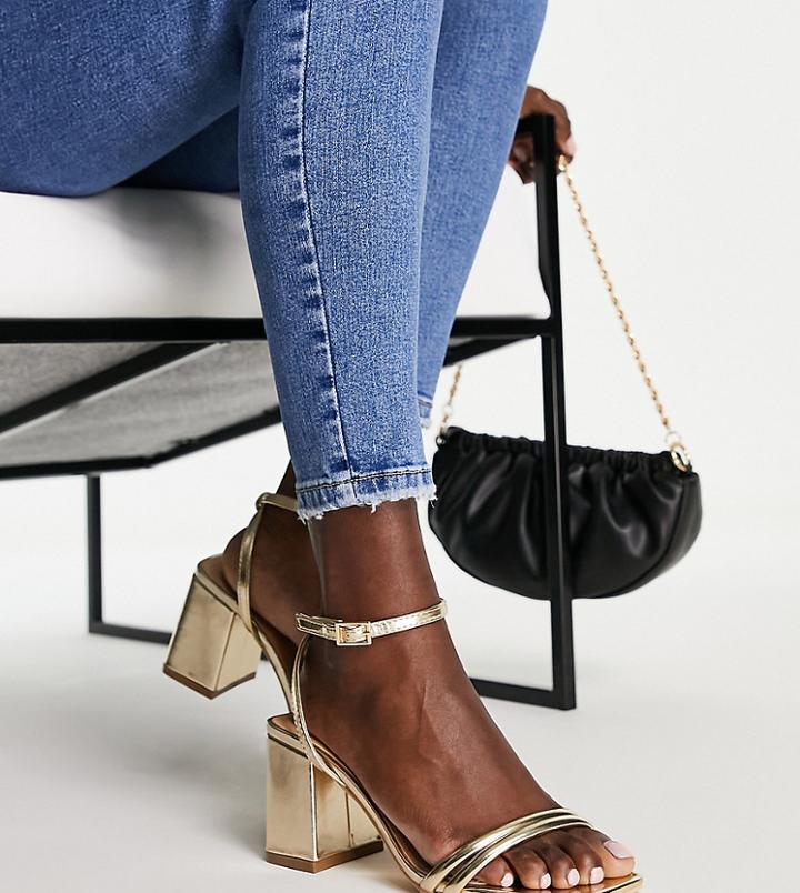 Truffle Collection Wide Fit Square Toe Block Heel Barely There Sandals In Gold-multi