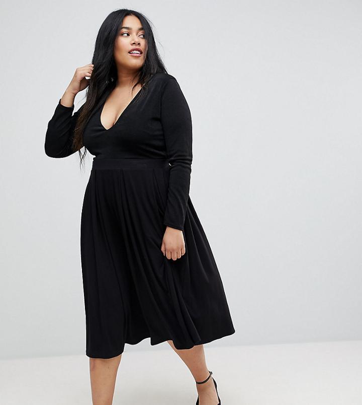 Asos Design Curve Midi Skirt With Box Pleats-black