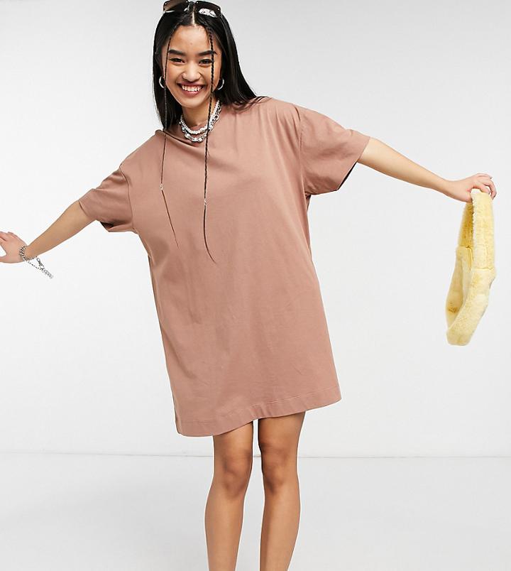 Collusion Short Sleeve Mini T-shirt Dress In Pale Brown