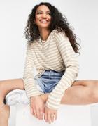 Monki Maja Cotton Blend Stripe Long Sleeve Top In Beige And White - White