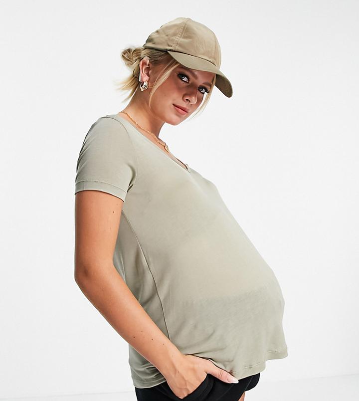 Asos Design Maternity Relaxed V-neck T-shirt In Khaki-green