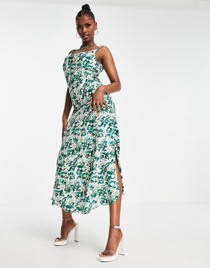 Ax Paris Cowl Neck Maxi Dress In Green 70's Floral
