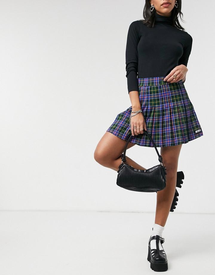 Minga London Mini Pleated Skirt In Blue Plaid-blues