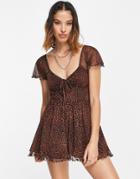 Asos Design Mesh Picot Trim Romper In Animal Print-multi