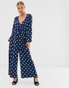 Asos Design Wrap Jumpsuit In Polka Dot - Navy