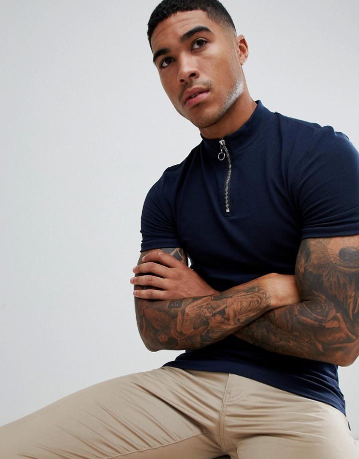 Asos Design Muscle Fit T-shirt With Zip Turtleneck In Navy - Navy