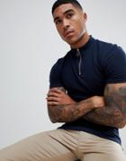 Asos Design Muscle Fit T-shirt With Zip Turtleneck In Navy - Navy