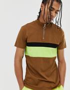 Asos Design T-shirt With Turtle Zip Neck And Contrast Neon Panel In Beige - Beige
