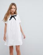 Asos Smock Mini Dress With Eyelet Detail And Grosgrain Tie - White