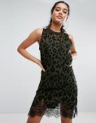 Asos Sleeveless T-shirt Dress With Lace Inserts In Khaki Leopard Print - Green