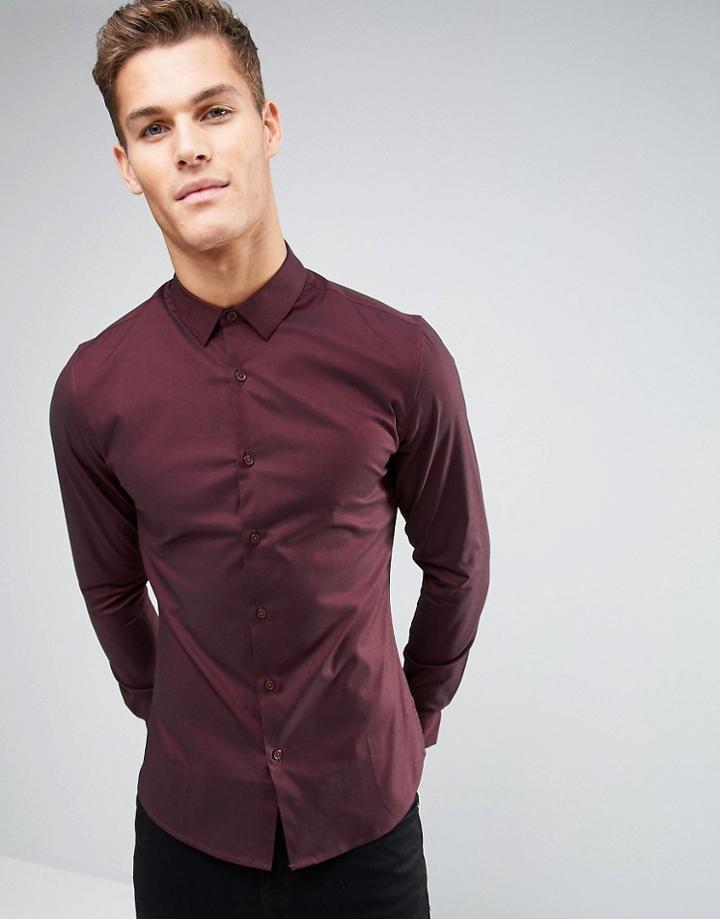 Asos Skinny Shirt In Burgundy Tonic - Red