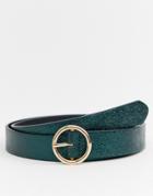 Asos Design Faux Leather Skinny Belt In Green With Gold Circle Buckle - Green