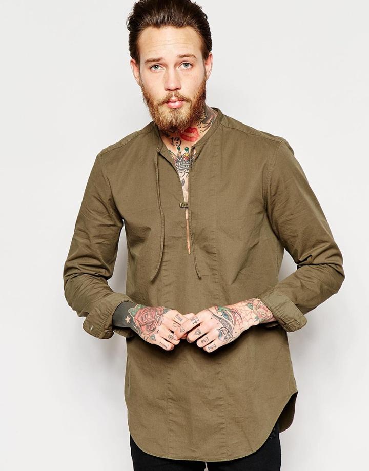 Asos Military Overhead Shirt With Tie Front In Khaki - Khaki