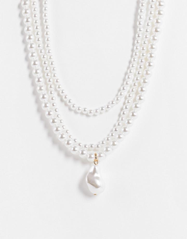 Asos Design Multirow Pearl Necklace With Pearl Charm-white