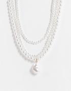 Asos Design Multirow Pearl Necklace With Pearl Charm-white