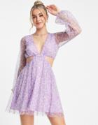 Miss Selfridge Plisse Cut Out Mini Dress In Lilac Ditsy-purple