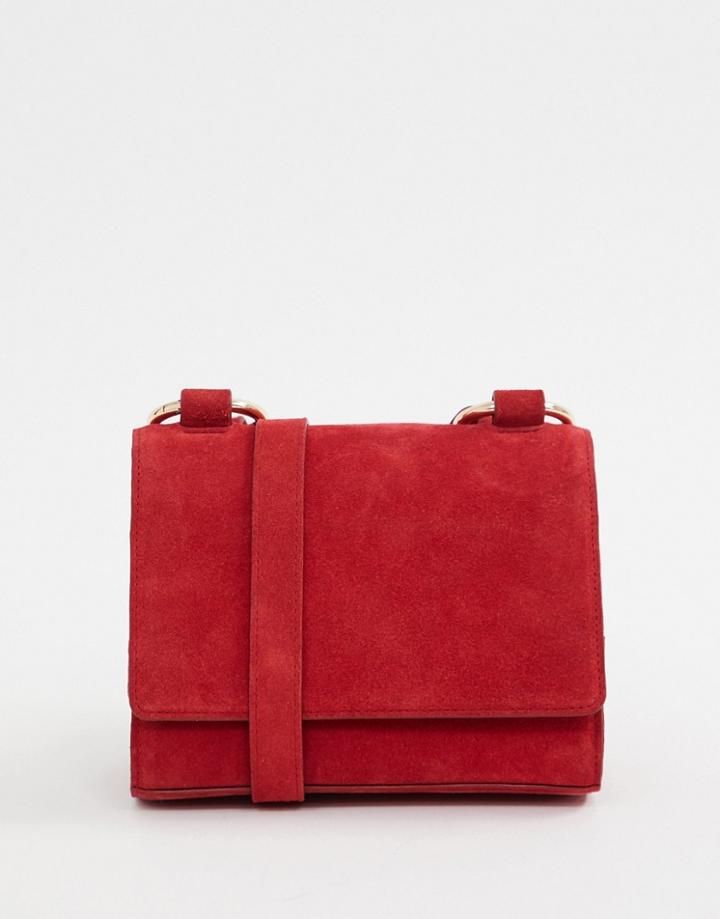 Asos Design Suede Cross Body Bag With Ring Strap Detail - Red