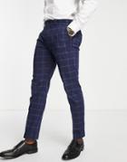 Selected Homme Slim Fit Suit Pants In Navy Check Linen Mix