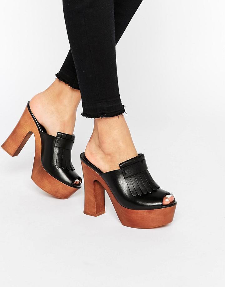 Mango Wooden Heel Fringed Mule - Black