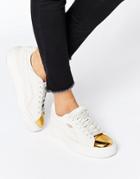 Puma Suede Platform Sneakers In White With Gold Toe Cap - White